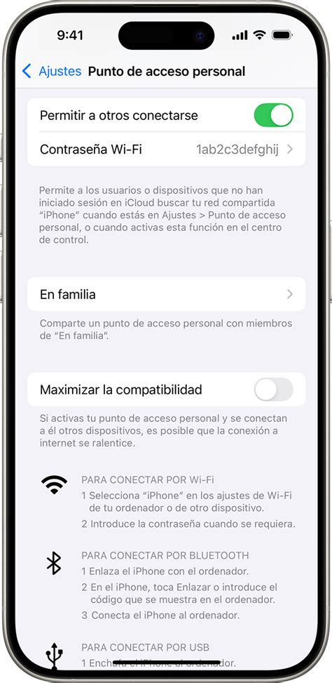 Captura de pantalla de Ajustes > Punto de Acceso Personal en iPhone