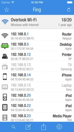 Captura de pantalla de la aplicación Fing mostrando dispositivos conectados y opciones de bloqueo