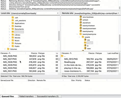 Captura de pantalla de la interfaz de FileZilla mostrando la carga de archivos